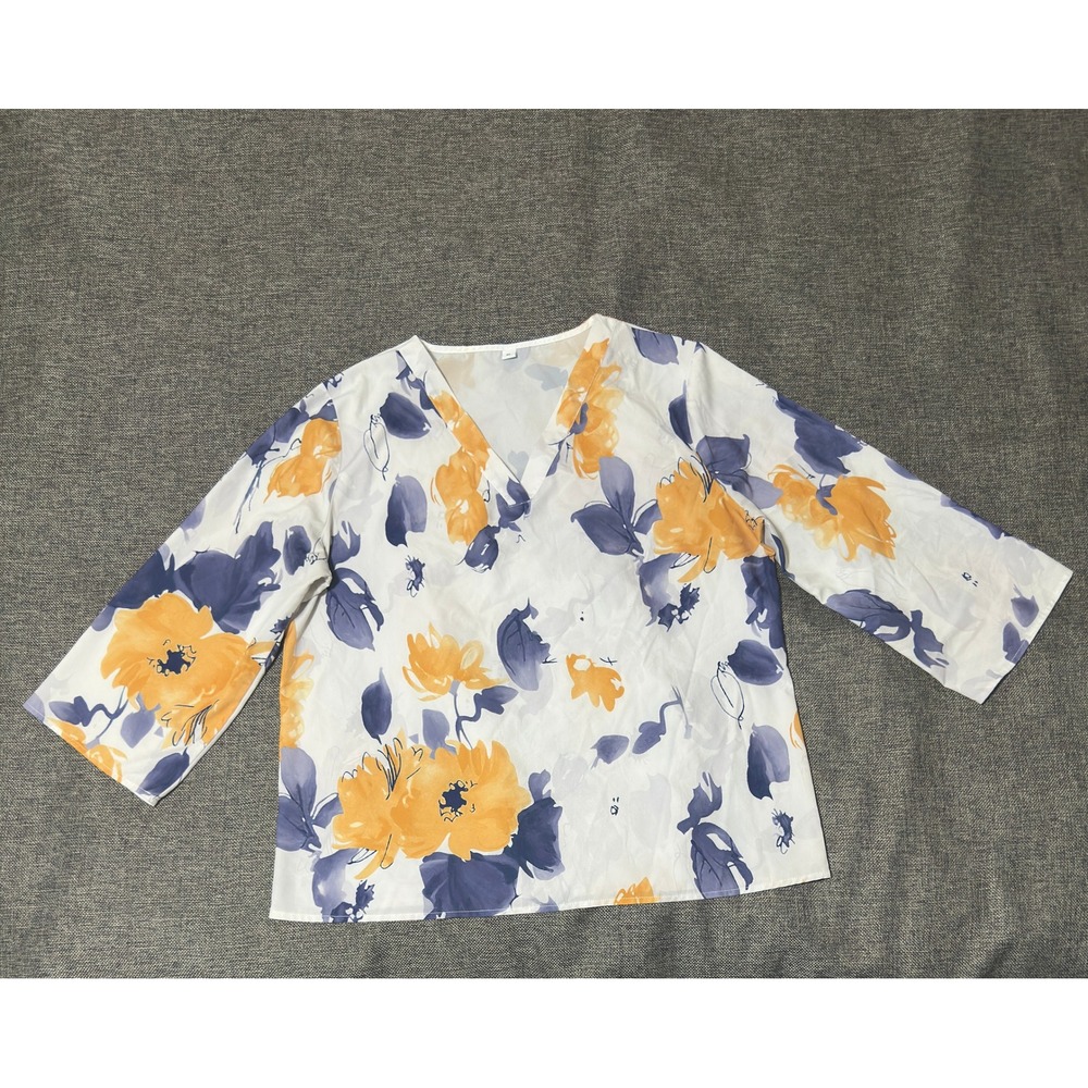 Unbranded‎ Women XL Blouse Floral V-Neck 3/4 Sleeve White Orange Blue